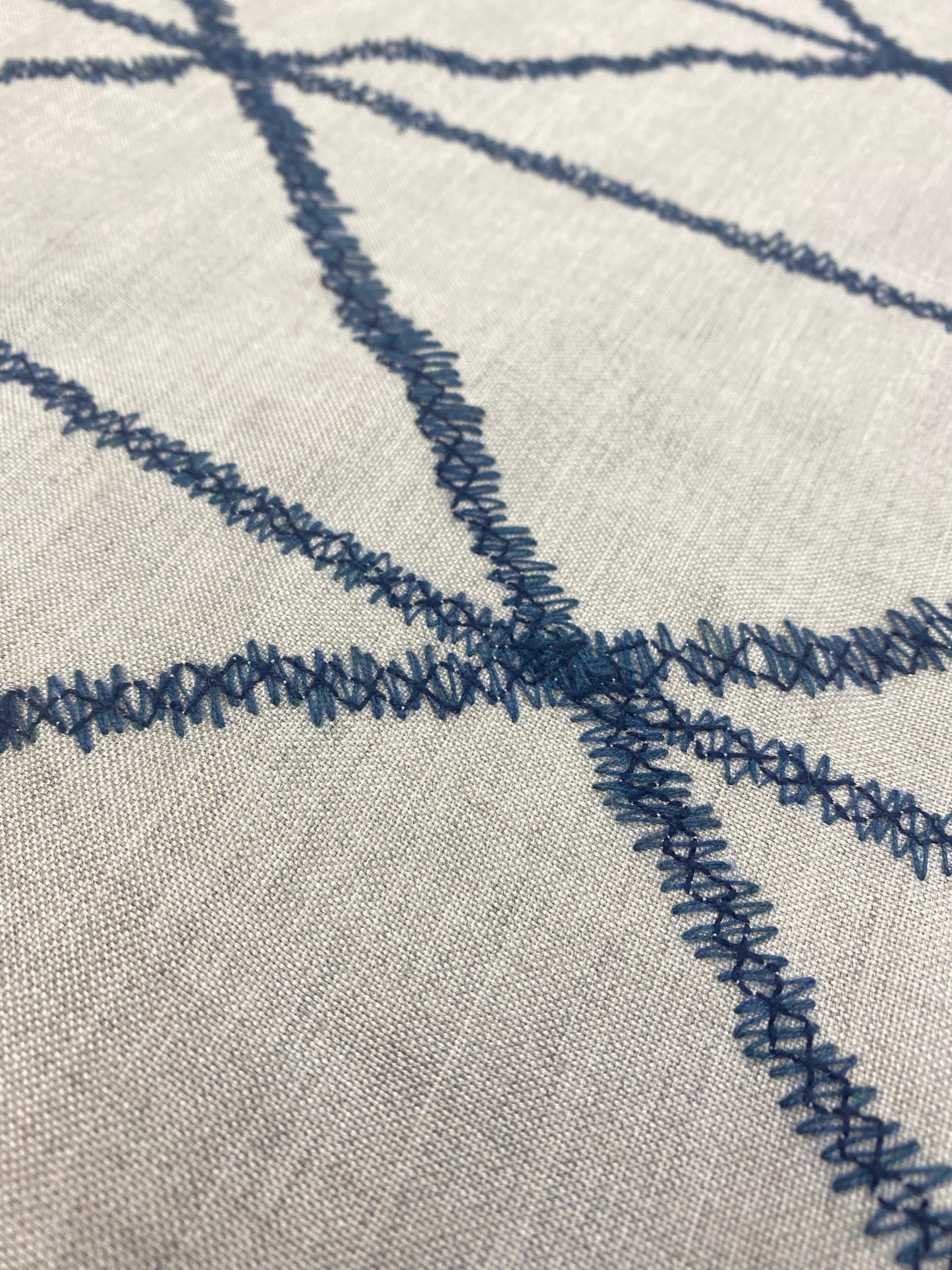 1.25 Yard Designer Oatmeal Linen Cotton Beige Navy Blue Embroidered Geometric Water & Stain Resistant Drapery Fabric WHS 3547
