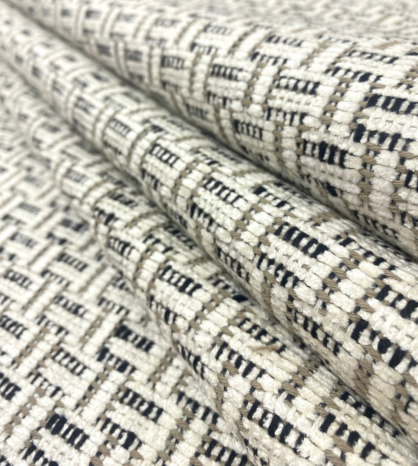 1.6 Yard Designer Water Stain Resistant Cream Black Taupe Geometric Chenille Upholstery Fabric STA 5199