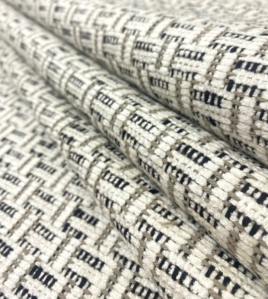1.6 Yard Designer Water Stain Resistant Cream Black Taupe Geometric Chenille Upholstery Fabric STA 5199
