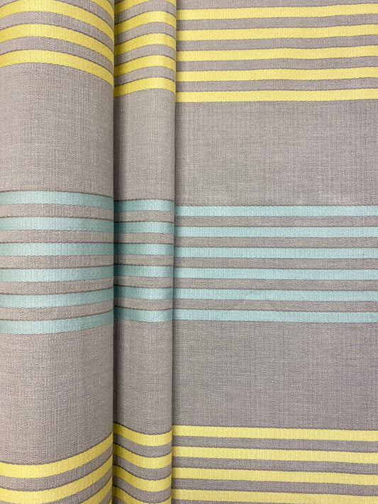 1.3 Yard of Designer Aqua Blue Grey Yellow Stripe Water Resistant Upholstery Drapery Fabric WHS 4069