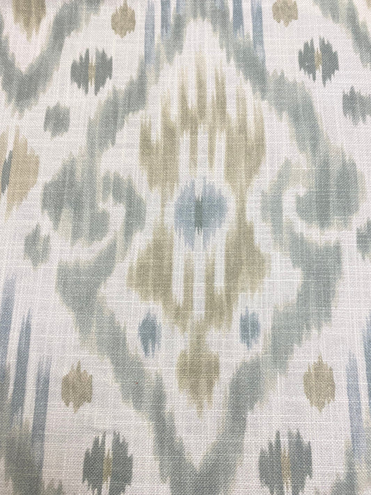 1.25 Yard Belle Maison Cream Seafoam Green Aqua Ikat Cotton Linen Upholstery Drapery Fabric WHS 3091