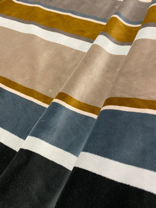 1.3 Yd Designer Olive Green Charcoal Grey Black Teal Stripe Velvet Upholstery Fabric STA 3220
