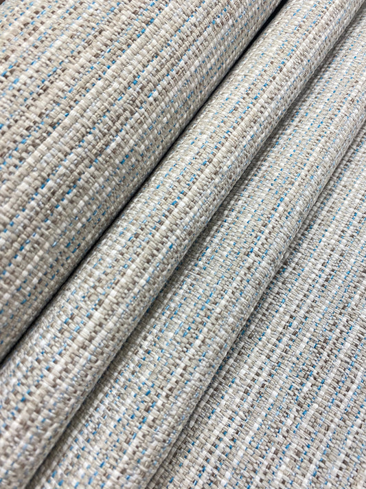 1.6 Yard Designer Linen Flax Viscose Blue Cream Beige Brown Tweed MCM Mid Century Modern Water & Stain Resistant Upholstery Fabric WHS 4035