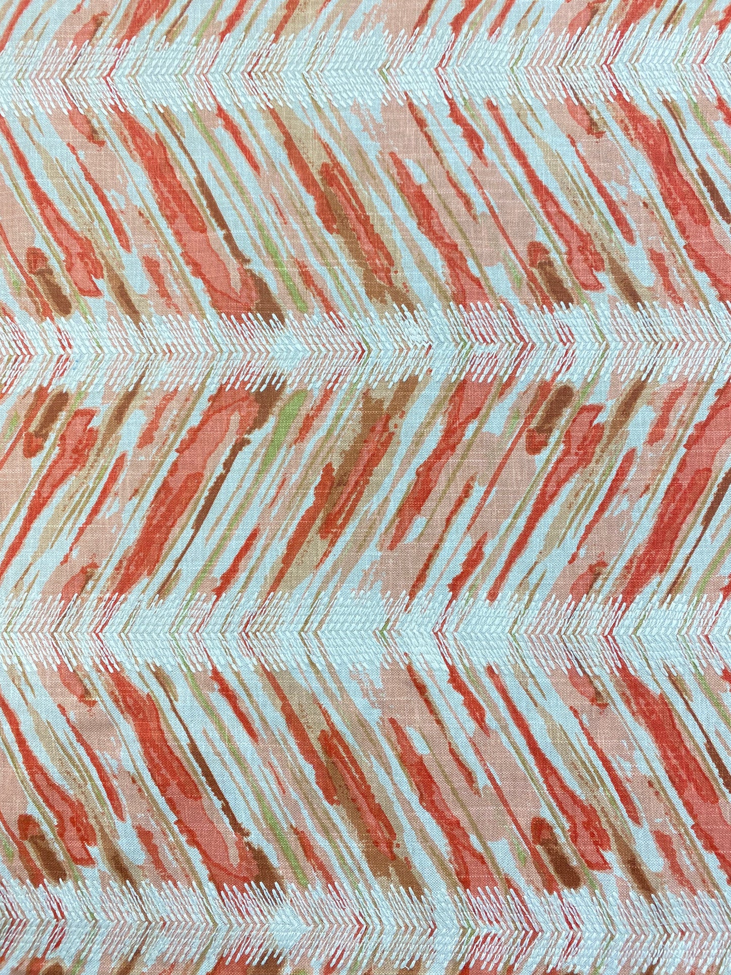 1.25 Yd Stout Fabric Linger 1 Sunset Orange Beige Green Cream Embroidered Herringbone Drapery Fabric WHS 4287