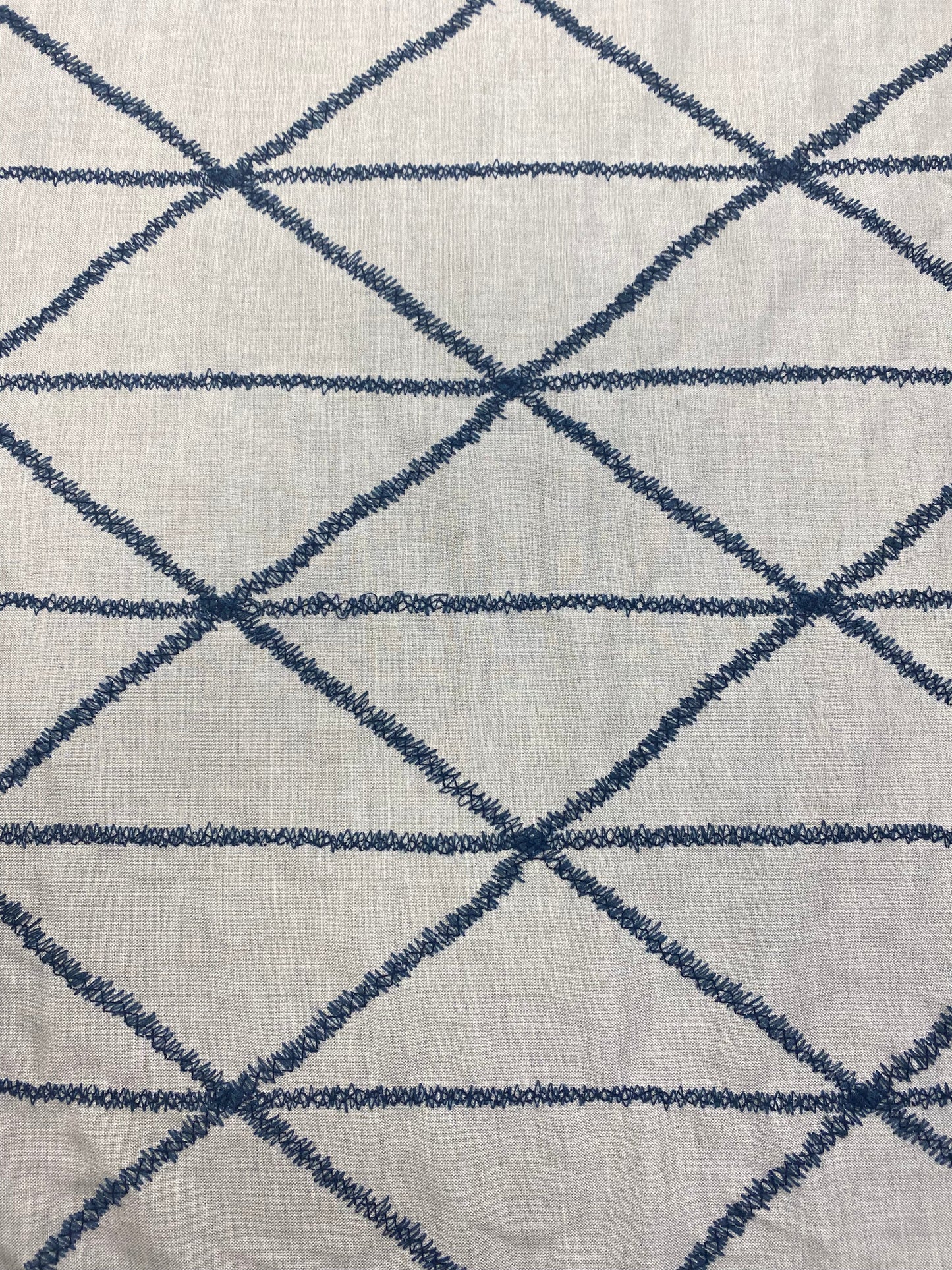 1.25 Yard Designer Oatmeal Linen Cotton Beige Navy Blue Embroidered Geometric Water & Stain Resistant Drapery Fabric WHS 3547
