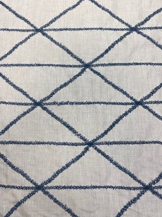 1.25 Yard Designer Oatmeal Linen Cotton Beige Navy Blue Embroidered Geometric Water & Stain Resistant Drapery Fabric WHS 3547