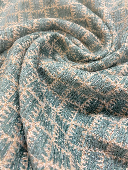 0.9 Yard of Cowtan & Tout Farina Teal Blue Seafoam Beige Geometric Abstract Chenille Water Resistant Upholstery Fabric WHS 4127